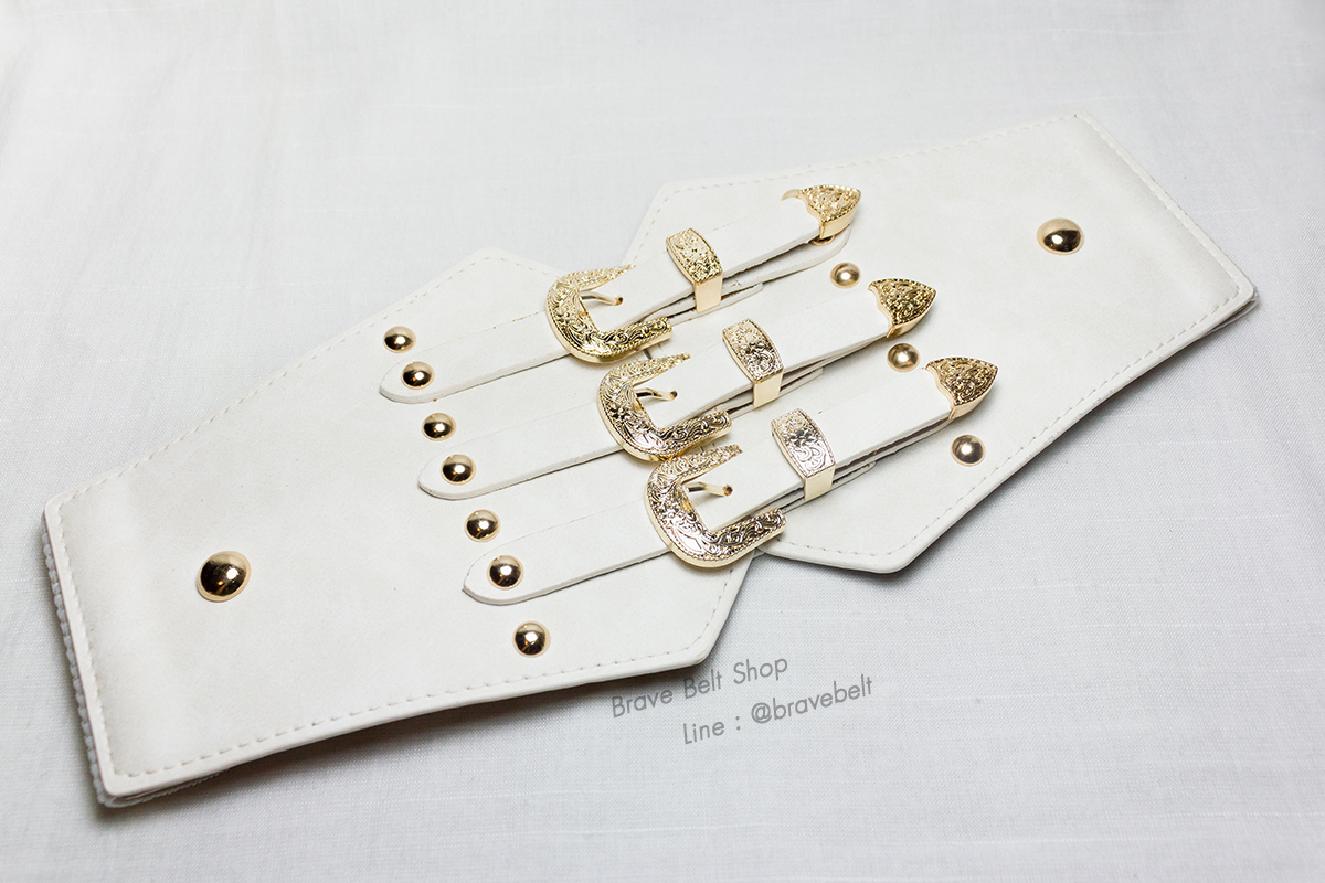 เข็มขัดเอวสูง หัววินเทจสีทอง ตัวสีขาว