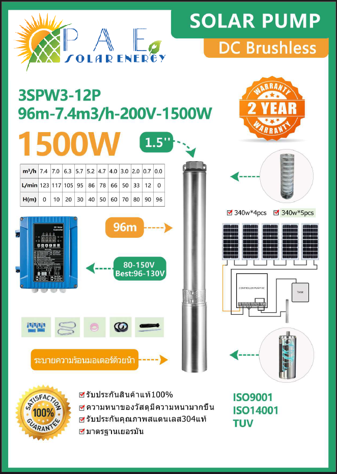 ปั้มบาดาล ซัมเมอร์ส Dc Brushless ขนาด 1500W รุ่น 3SPW3-12P-96m-7.4m3h-200Voc-1500W