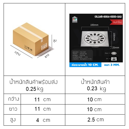 ตะแกรงระบายน้ำ สแตนเลส 304 กันกลิ่น กันแมลง ทรงสี่เหลี่ยมหนาอย่างดี