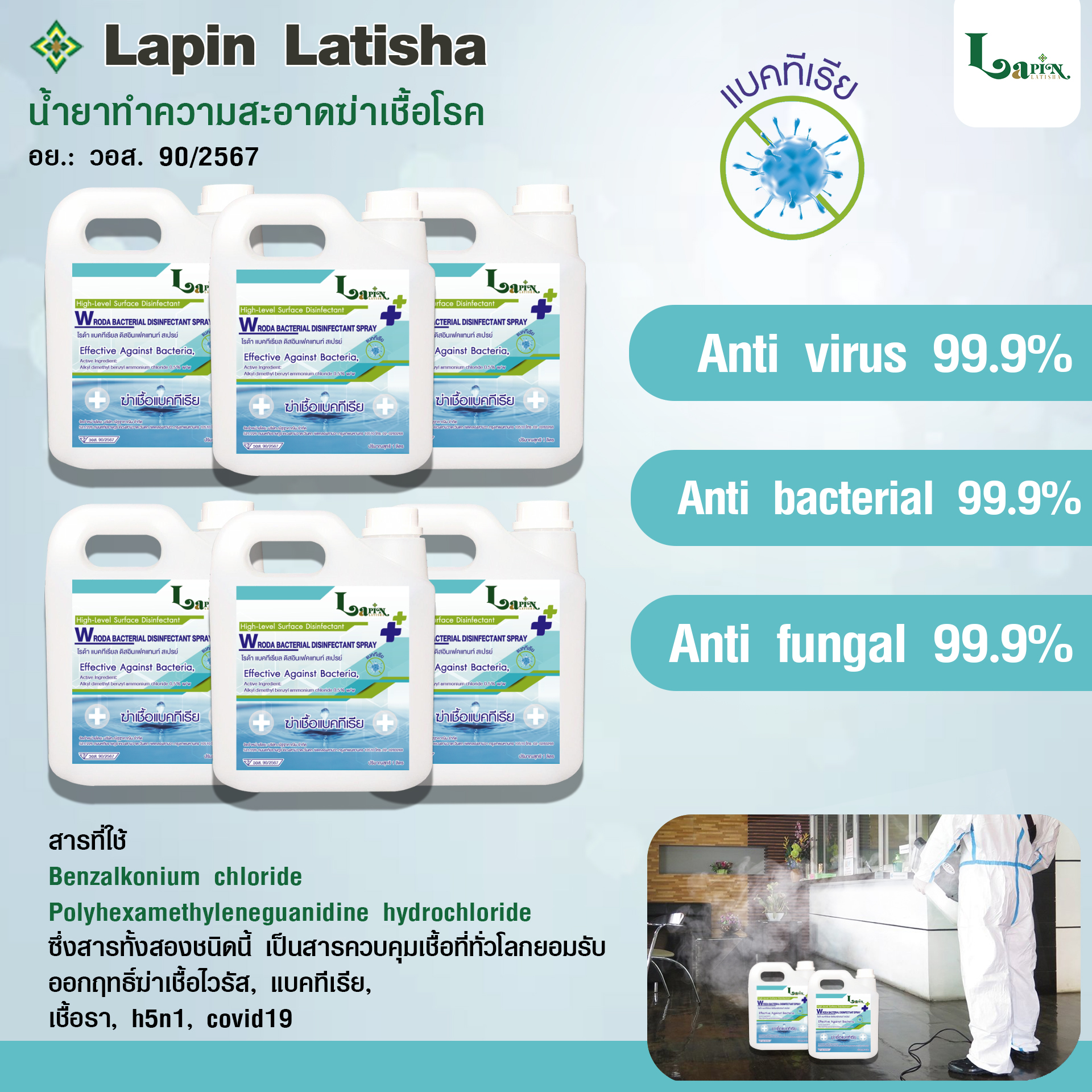 Lapin Latisha น้ำยาฆ่าเชื้ออเนกประสงค์ มี อย. ใช้พ่นควันในพื้นที่กว้างได้ (ใช้ได้กับเครื่องพ่นควันทุกชนิด) ชุด 6 แกลลอน