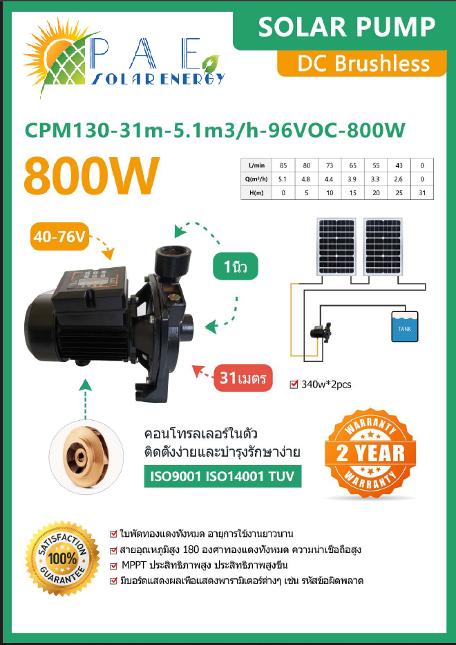 ปั๊มหอยโข่งโซล่าเซลล์ 800W ขนาด 1 นิ้ว รุ่น CPM130-31mH96Voc-800W