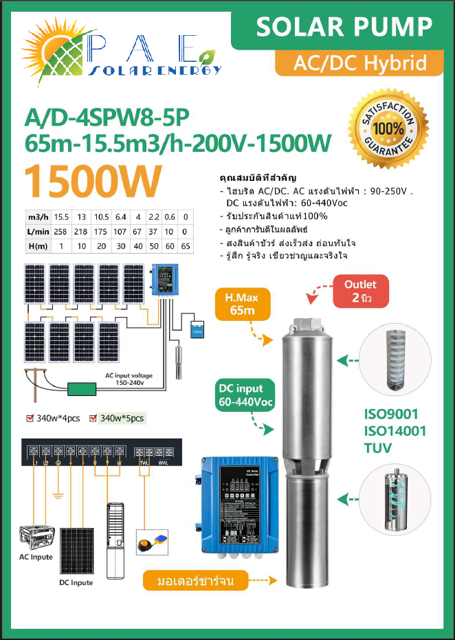 ปั้มบาดาล Hybrid AC/DC รุ่น AD-4SPW8-5P-65m-15.5m3h-200Voc-1500W