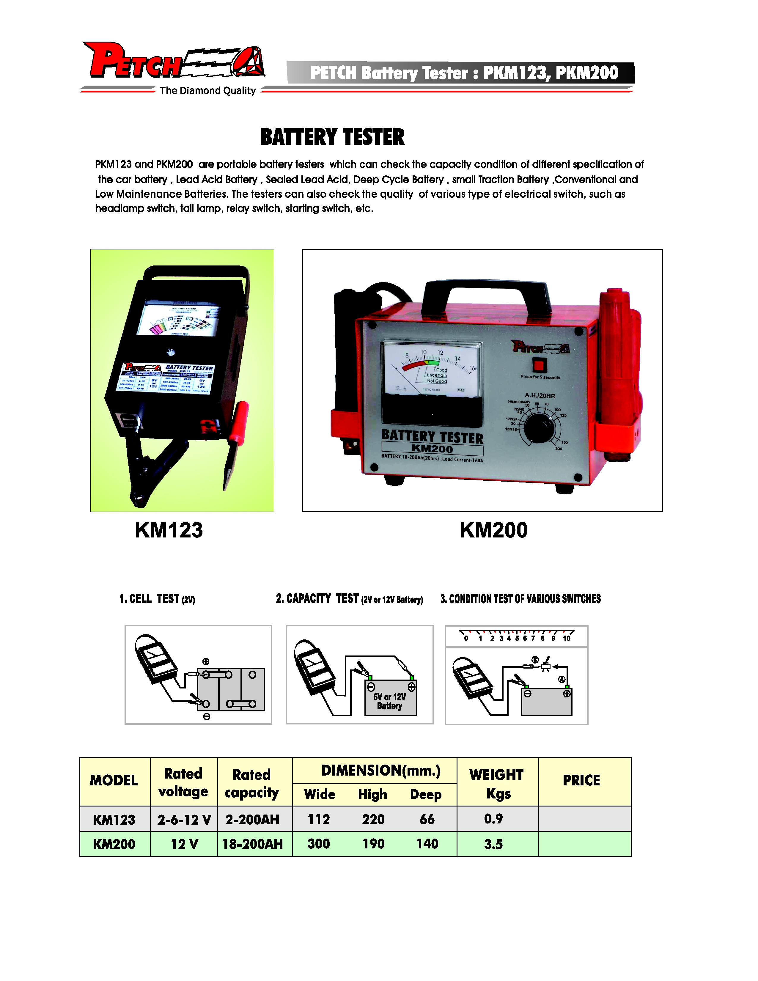 เครื่องทดสอบแบตเตอรี่ PETCH รุ่น (KM-200) Battery tester