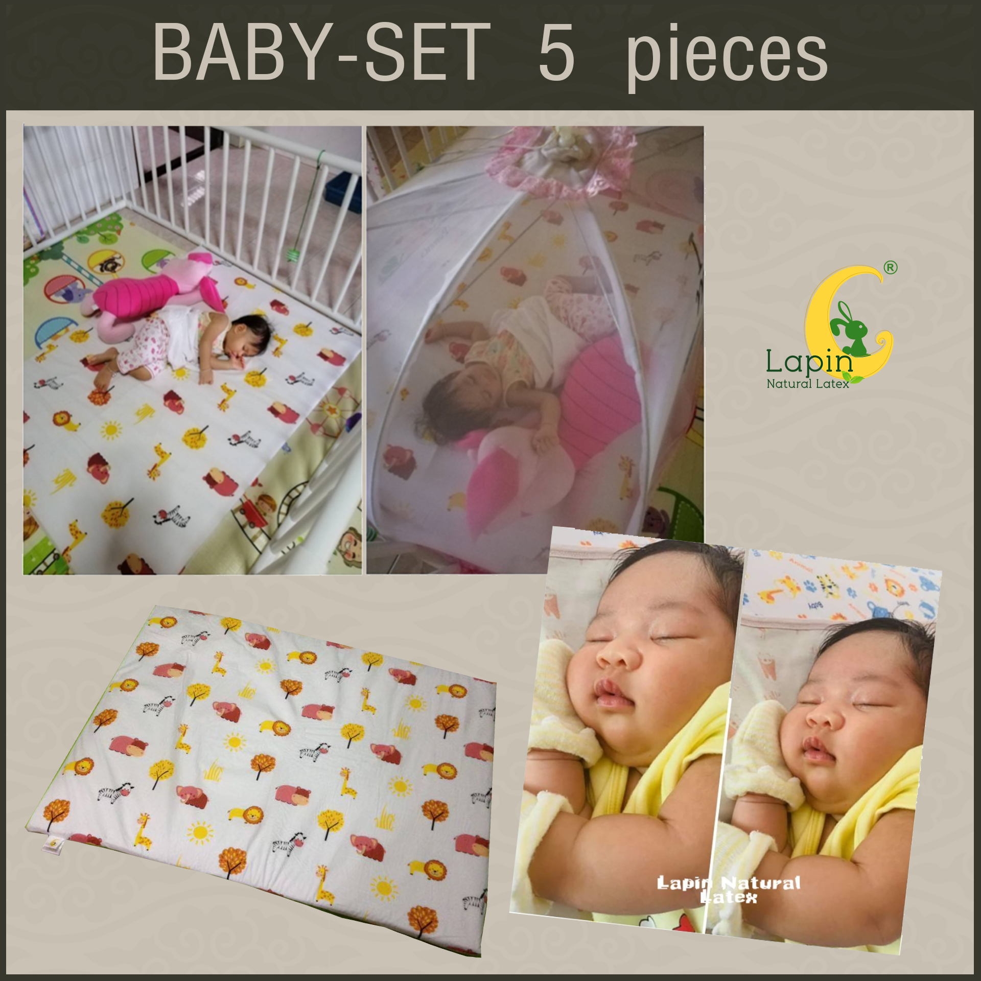 ที่นอนเด็กอ่อนยางพาราแท้ set 5 ชิ้น (ขอบตั้งไม่ได้)(SE1) ลายช้างต้นไม้