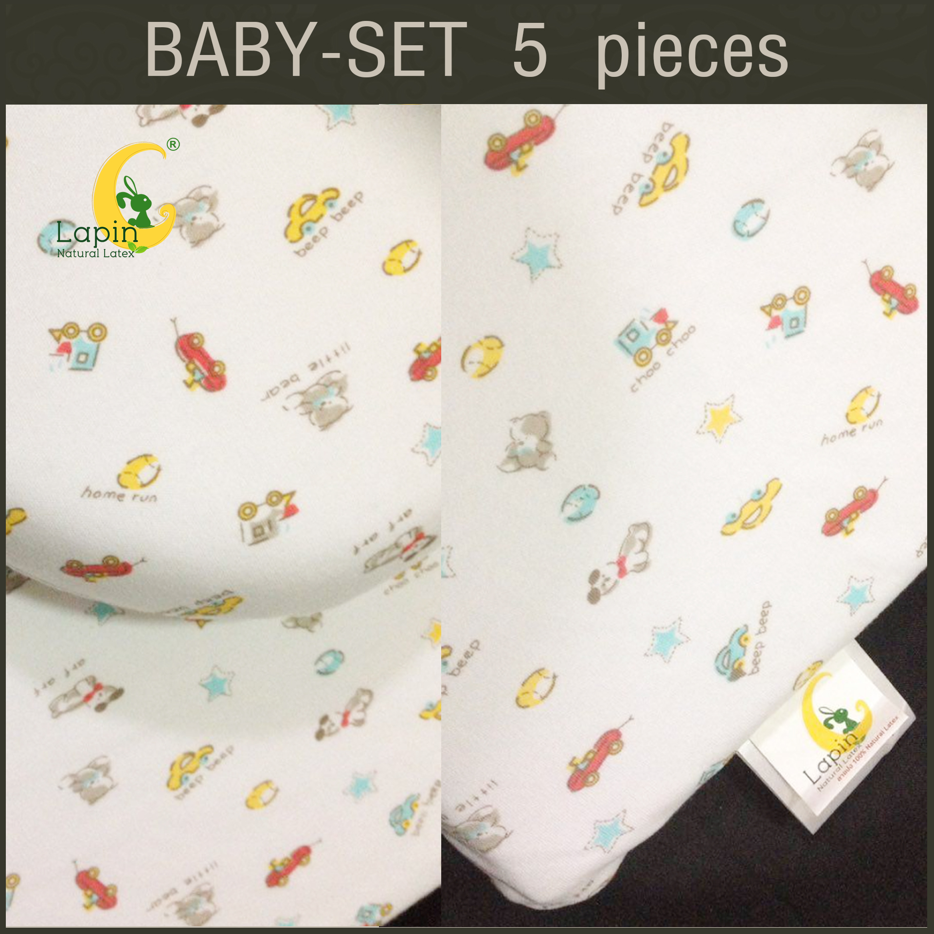 ที่นอนเด็กอ่อนยางพาราแท้ set 5 ชิ้น (ขอบตั้งไม่ได้)(SE1) ลายรถ