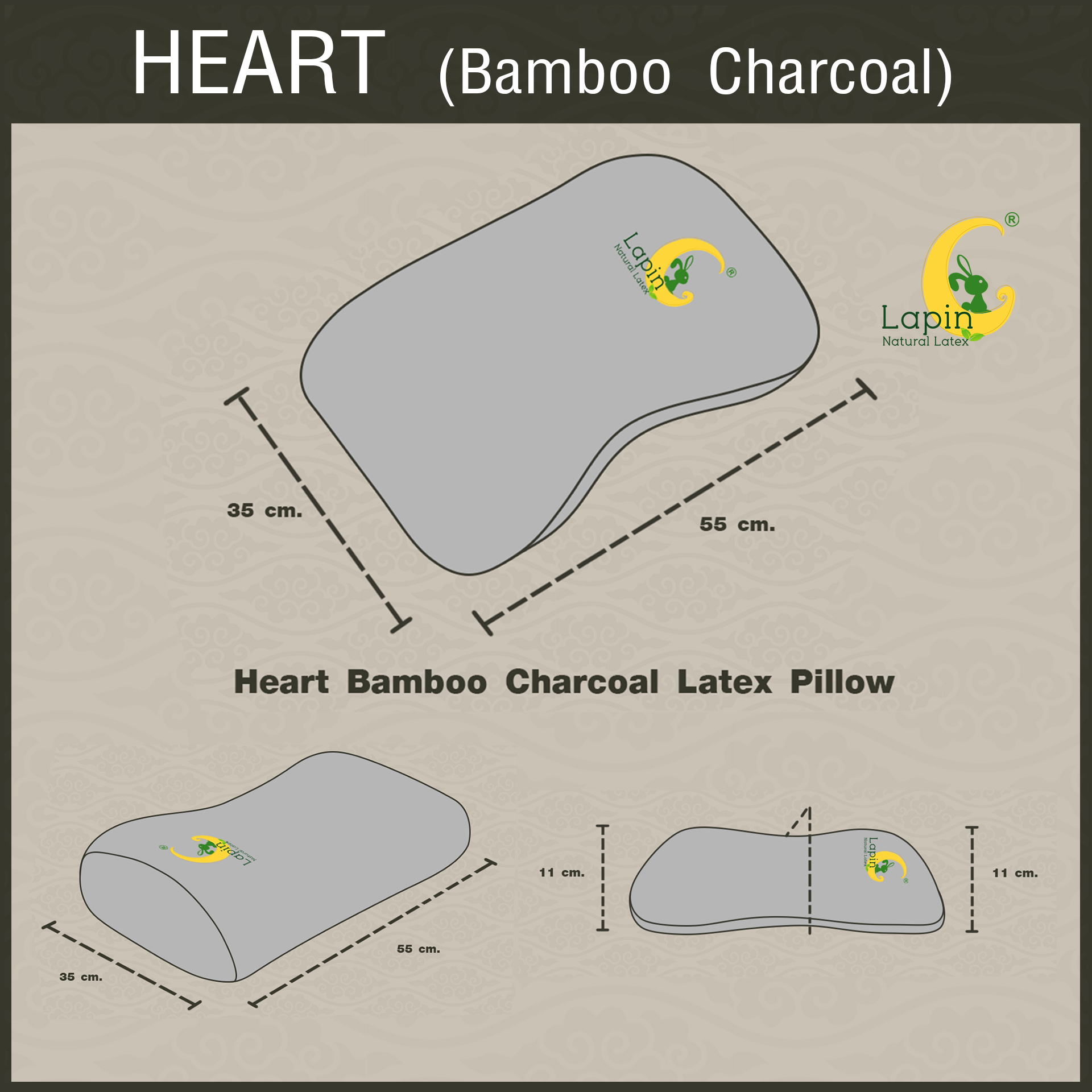 หมอนยางพาราแท้ 100% (LAPIN) รุ่น ฮาร์ท ผสมชาโคล (H + Charcoal)