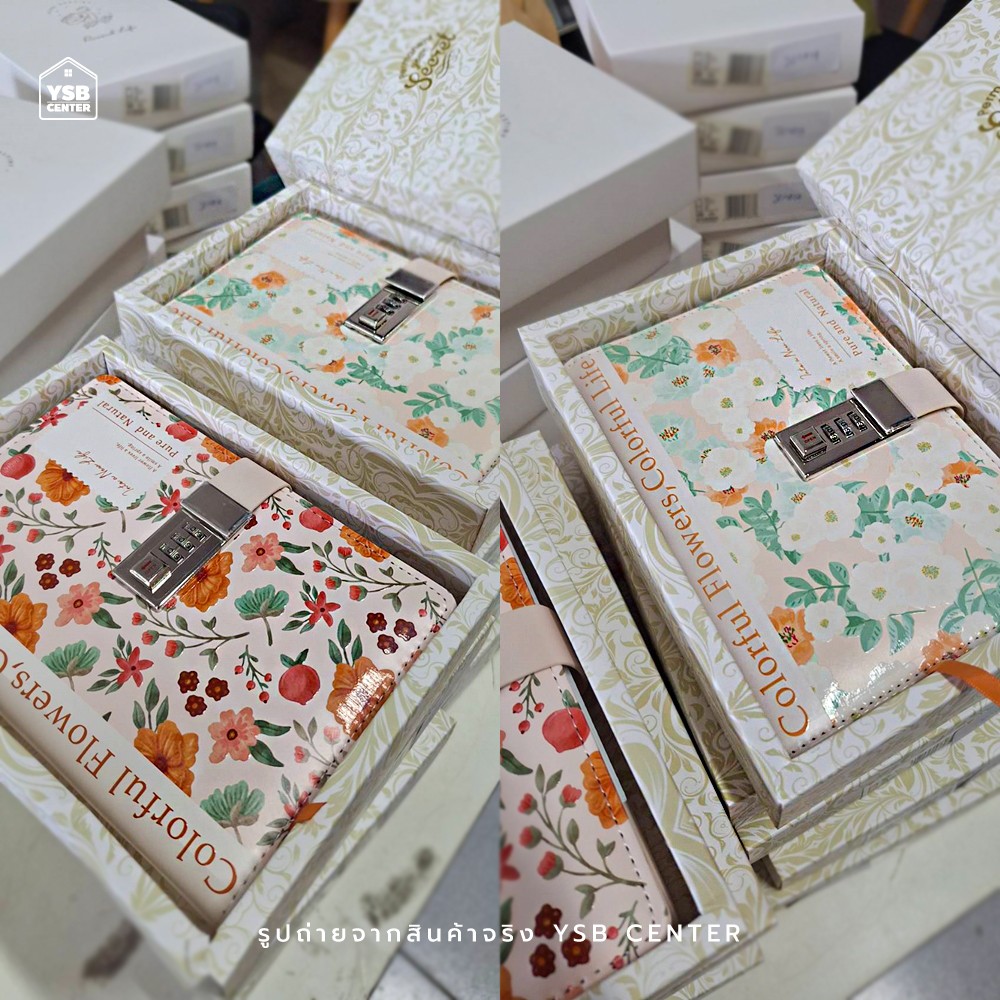 สมุดโน๊ต บันทึก ไดอารี่ เขียน B6 มีเส้น มีที่ล๊อครหัส ปกหนัง ลายดอกไม้ พร้อมกล่องสวยงาม J2M010 - J2M011-N