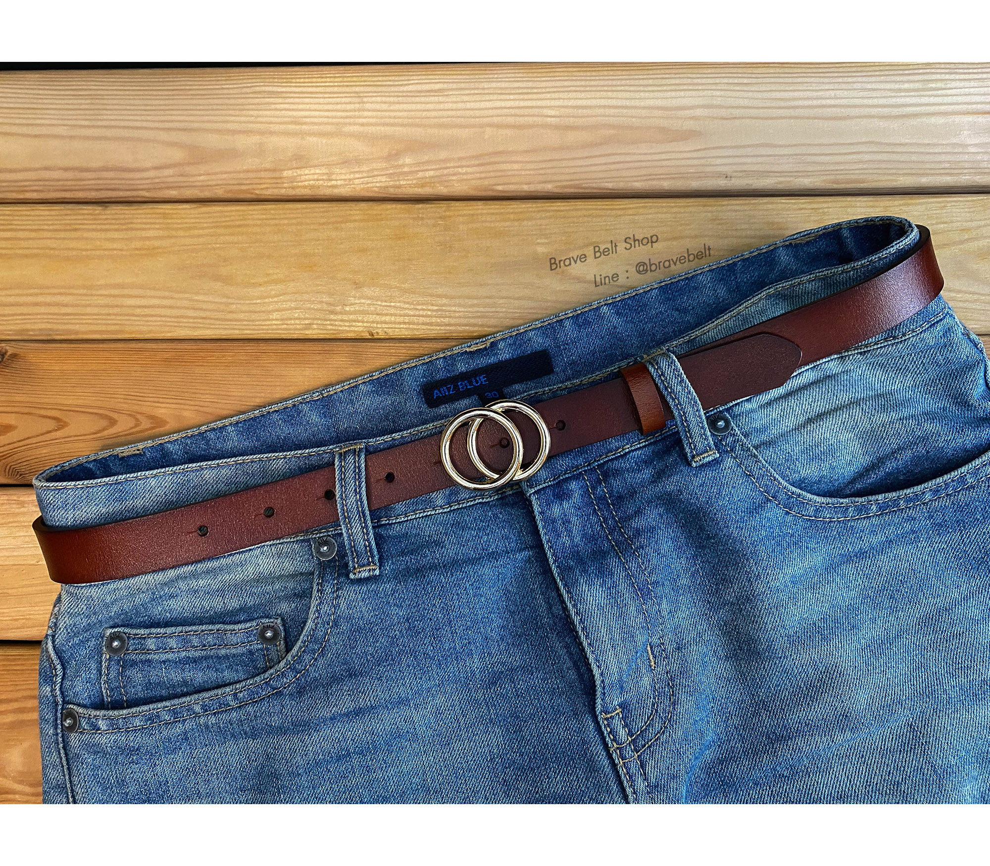 เข็มขัดสีน้ำตาลหนังแท้ผู้หญิง หัวเข็มขัดทอง