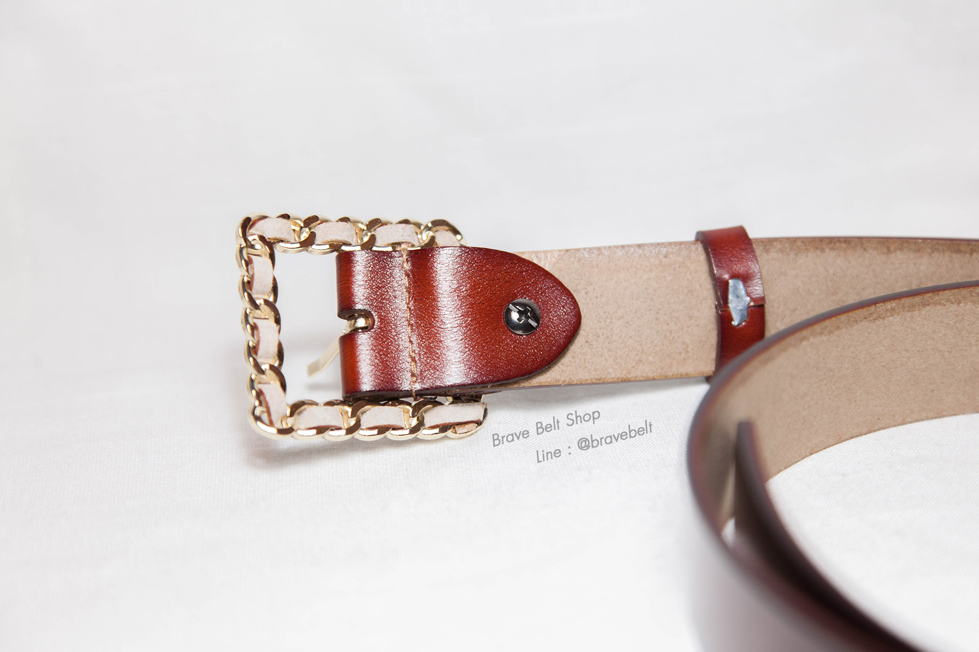 เข็มขัดหนังแท้สีน้ำตาล หัวสีทองสวย