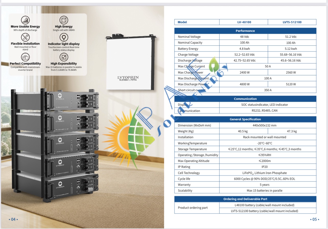 Battery lithium LVTOPSUN 100Ah 51.2Vdc