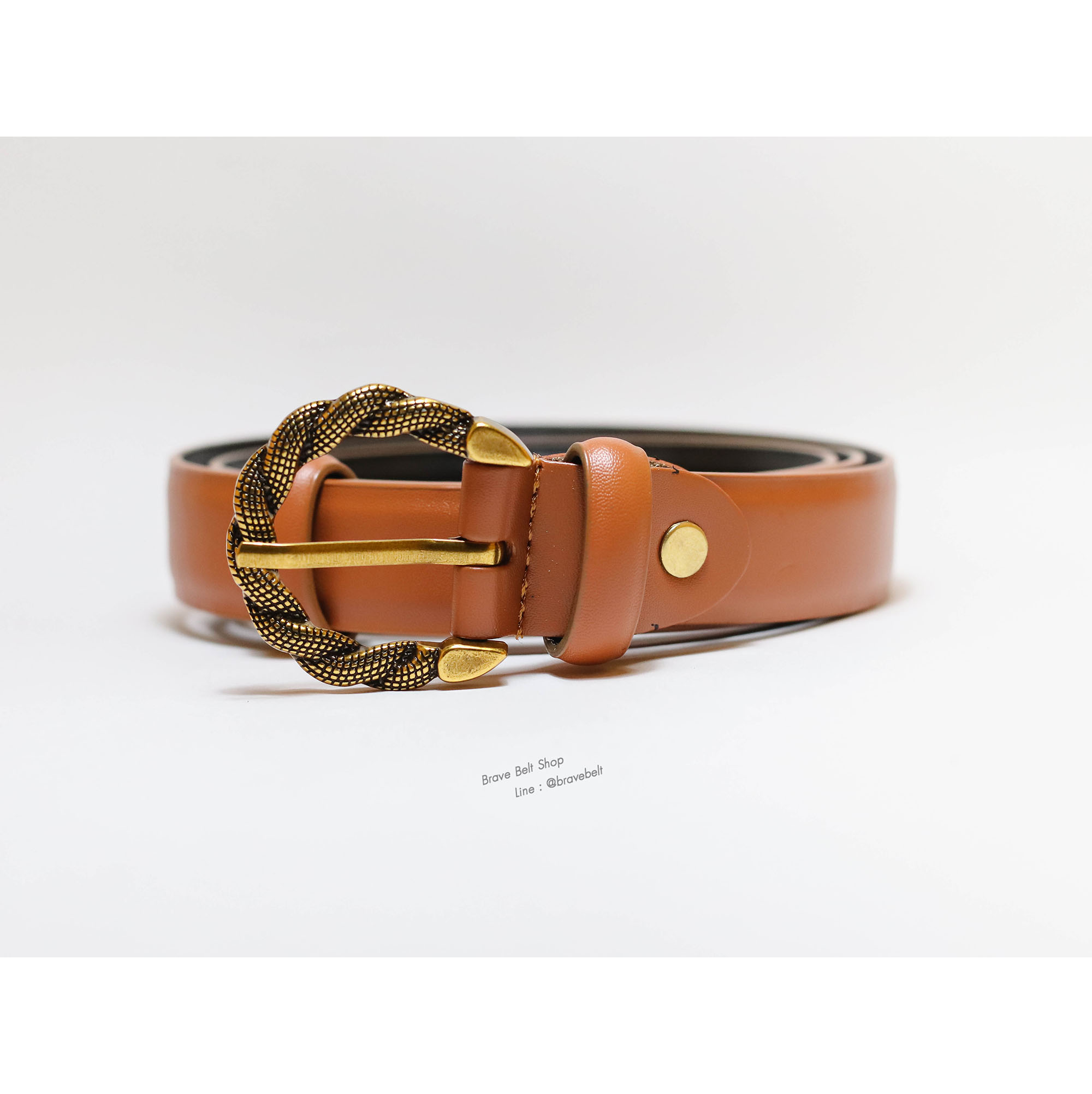 เข็มขัดผู้หญิงสีน้ำตาลหนังแท้ หัวเข็มขัดสีทอง