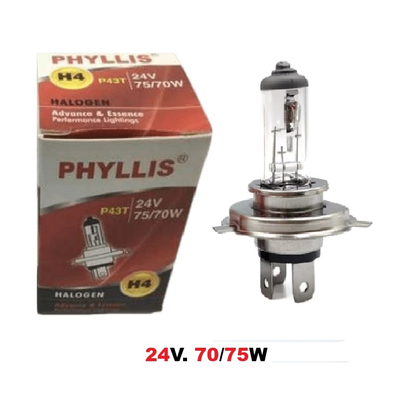 หลอดไฟหน้า Halogen (H4) 24V. 70/75W จานแฉก วัตสว่างปกติ (ราคา:ดวง) *24V. = สำหรับรถบรรทุก