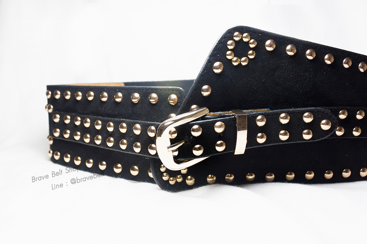 เข็มขัดเอวสูงทรงโอบิสวย หนังสีดำยางยืดหมุดทอง