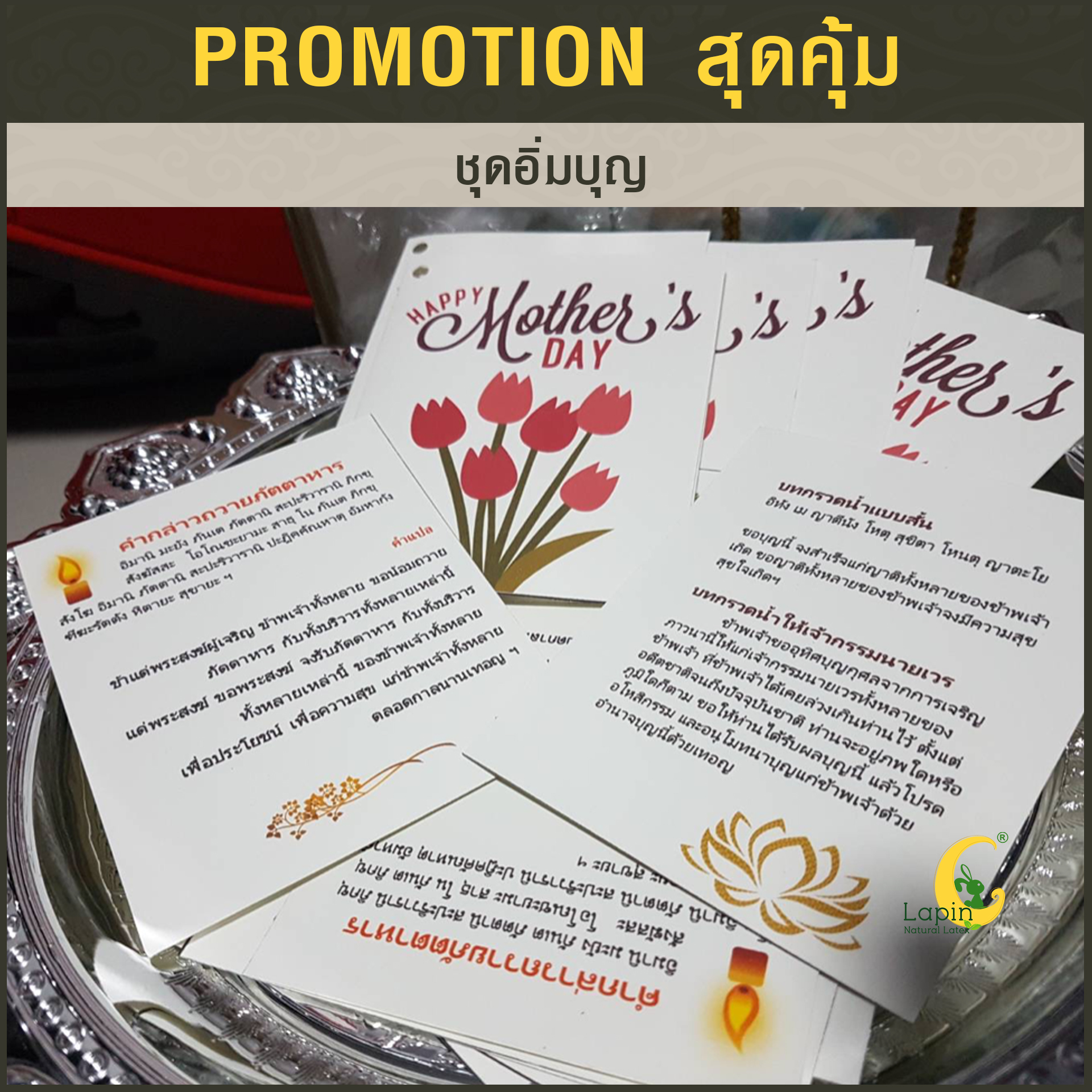 ชุดอิ่มบุญ3 หมอนยางพารา1+อาสนะ1+ปลอกคอตตอนน้ำตาล2 +กระเป๋า+การ์ด*รุ่นธรรมดาสีขาว*