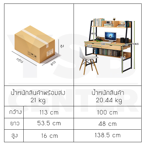 โต๊ะอเนกประสงค์ โต๊ะคอมพิวเตอร์ โต๊ะอ่านหนังสือ พร้อมชั้นวางอเนกประสงค์และลิ้นชักใส่ของ ขนาด 100x48x138.5 cm.