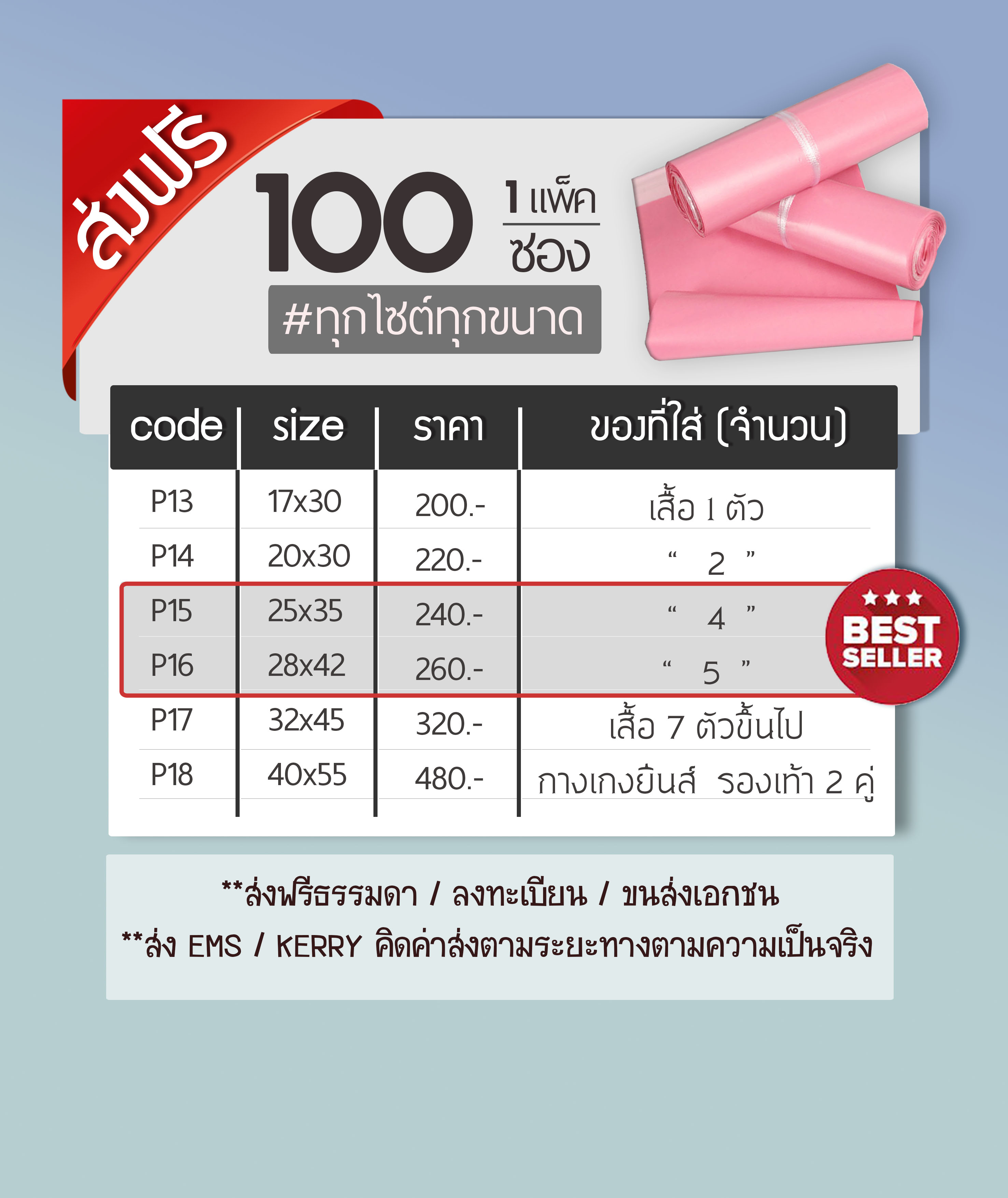 (แพค 100 ซอง) สีชมพู ซองพลาสติกไปรษณีย์ ซองไปรษณย์ ซองแพคของ ซองพัสดุ ซองพลาสติกแถบกาว