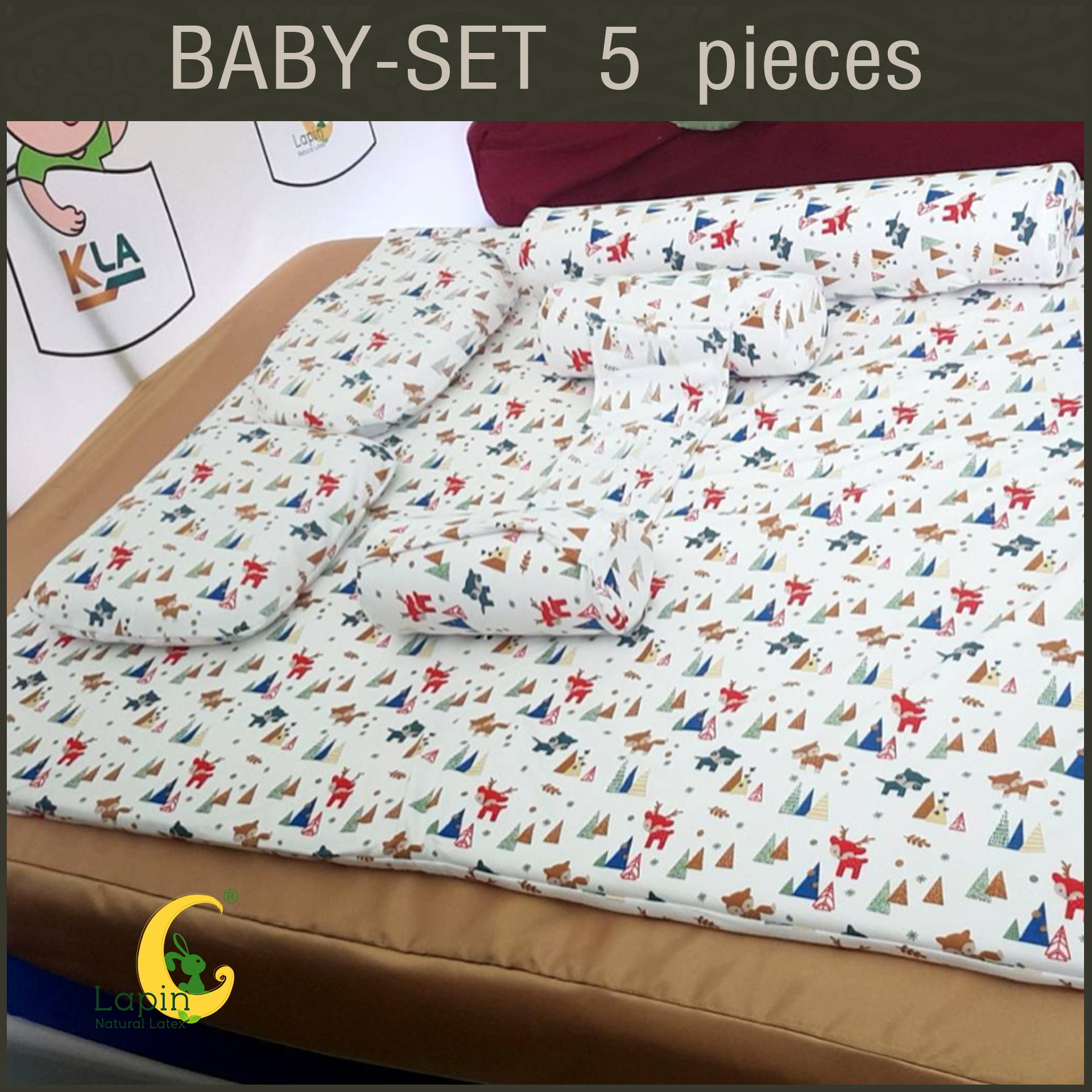 ที่นอนเด็กอ่อนยางพาราแท้ set 5 ชิ้น (ขอบตั้งไม่ได้)(SE1) ลายกวางเรนเดียร์