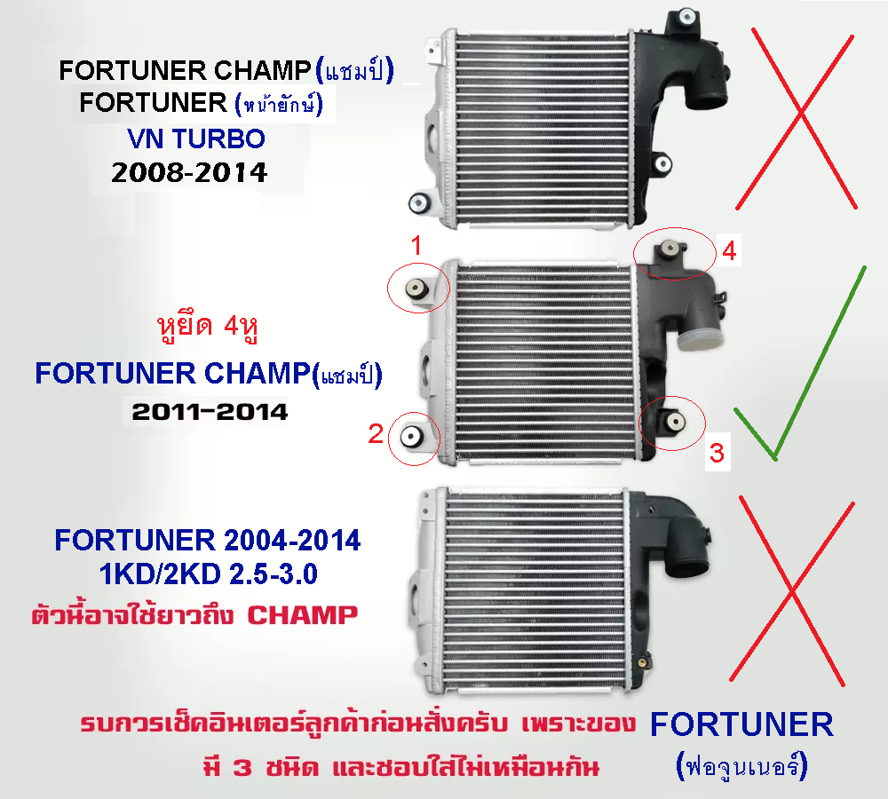 อินเตอร์คูลเลอร์ TOYOTA FORTUNER CHAMP(ฟอจูนเนอร์ แชมป์) ทุกรุ่น (หูยึด4จุด) ปี2011-2014 (O.E.M ประกัน 3เดือน) (รหัส:VIG12)