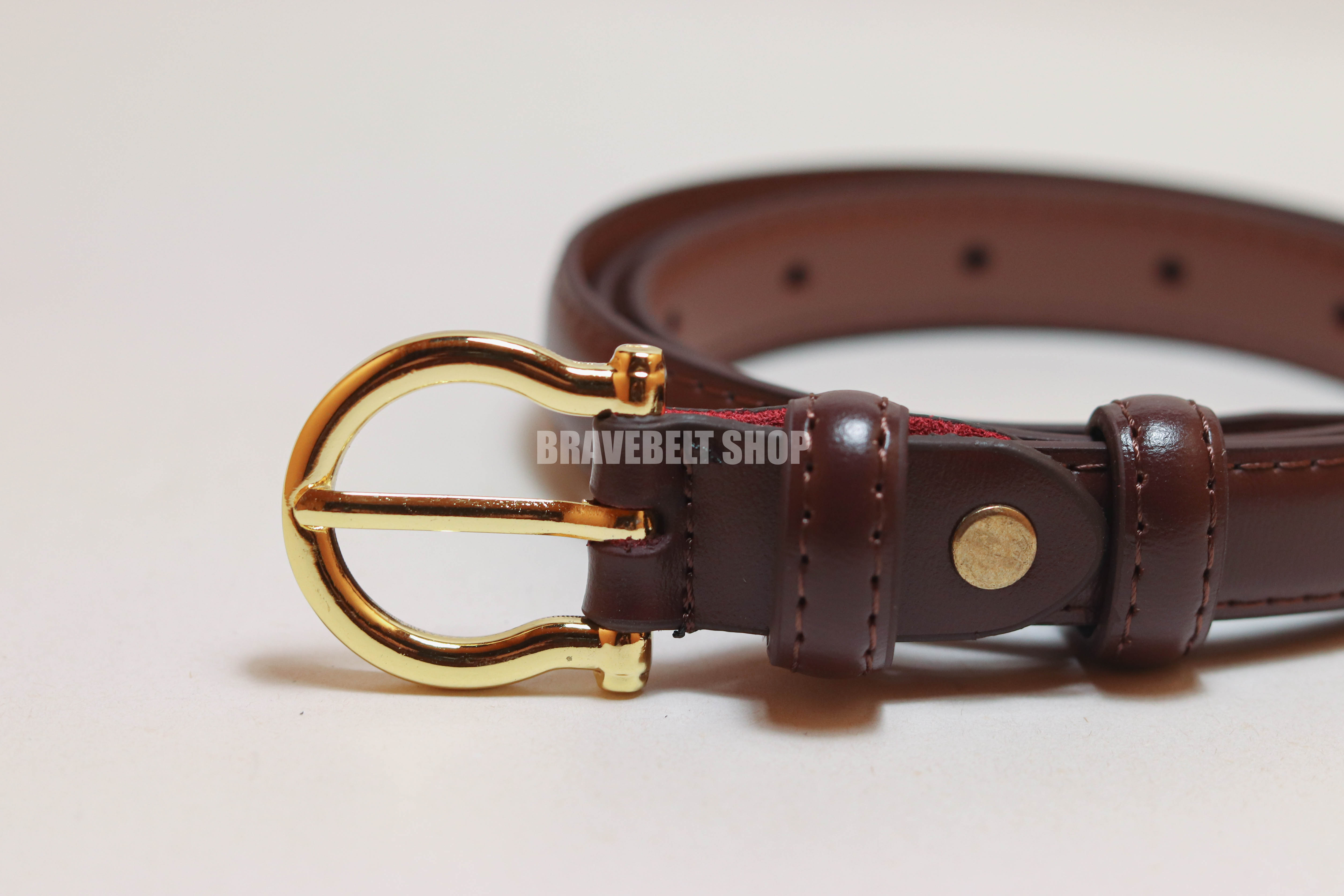 เข็มขัดหนังแท้ผู้หญิงสีน้ำตาลสวยมาก หัวสีทองสวย