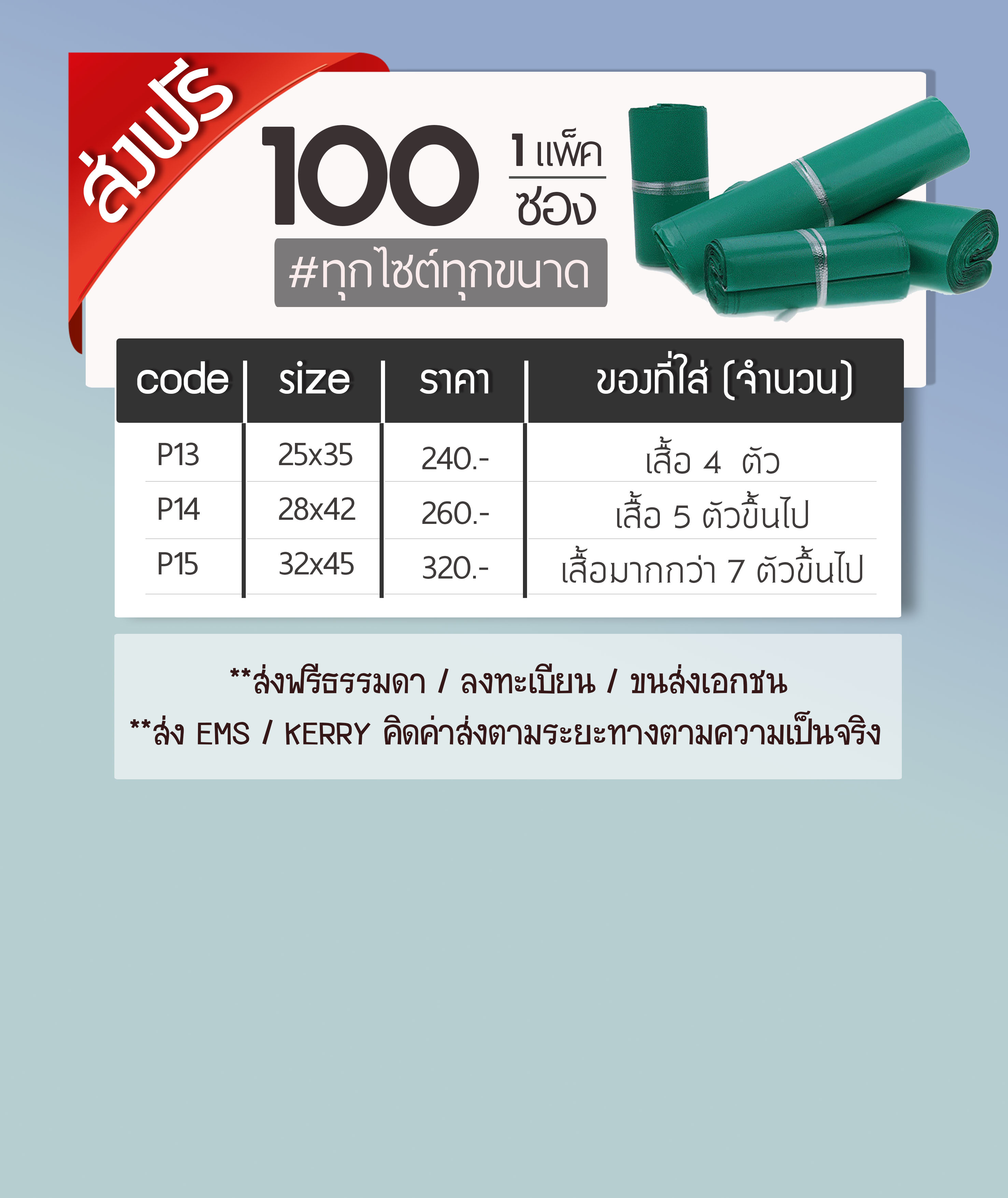 (แพค 100 ซอง) สีเขียว ซองพลาสติกไปรษณีย์ ซองไปรษณย์ ซองแพคของ ซองพัสดุ ซองพลาสติกแถบกาว