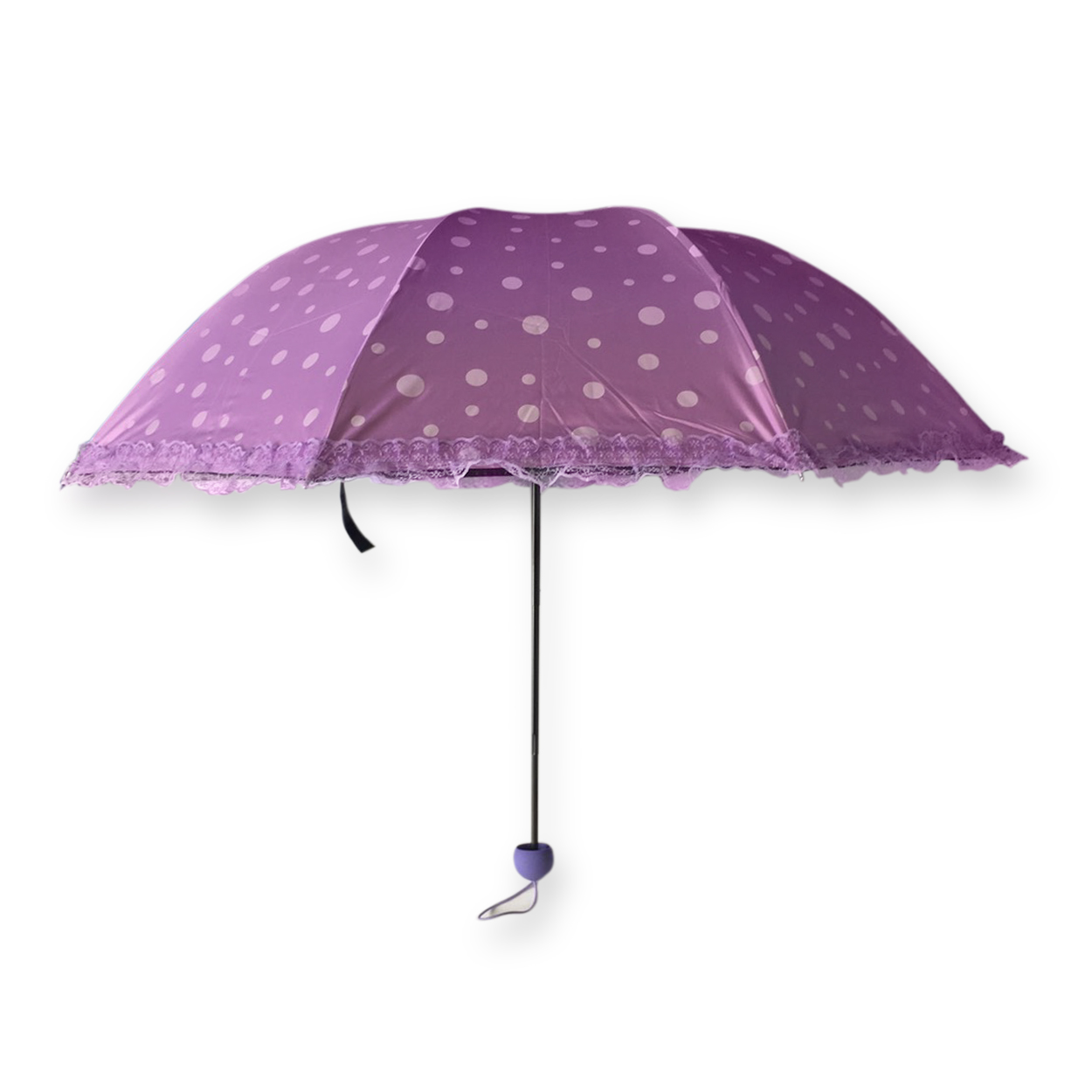 ร่มโค้งแฟชั่นลายจุดโดนแสงเปลียนสีได้ไม้มีระบายยูวีสีดำ