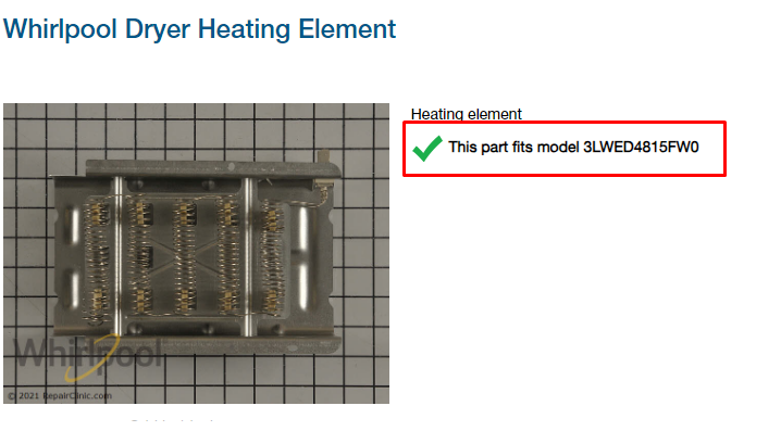 Dryer Heating Element ฮีตเตอร์ความร้อนเครื่องอบผ้า Whirlpool รุ่น 3LWED4815FW / 3LWED4815FW0