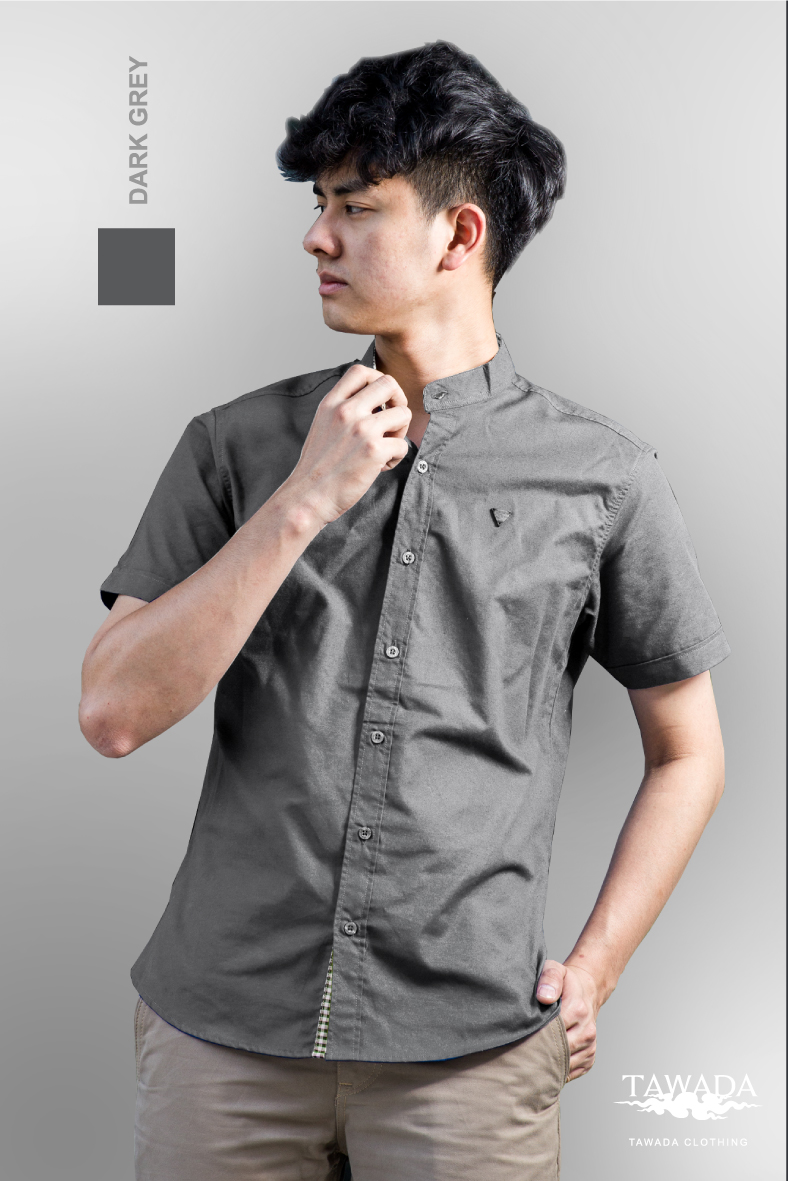 แขนสั้น คอจีน สีเทาเข้ม mandarin collar Dark grey