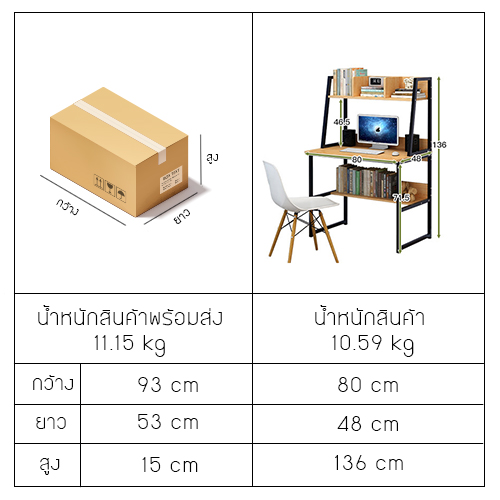 CASSA โต๊ะอเนกประสงค์ โต๊ะคอมพิวเตอร์ โต๊ะอ่านหนังสือ พร้อมชั้นวางด้านบนและด้านล่าง ขนาด 80x48x136 cm.