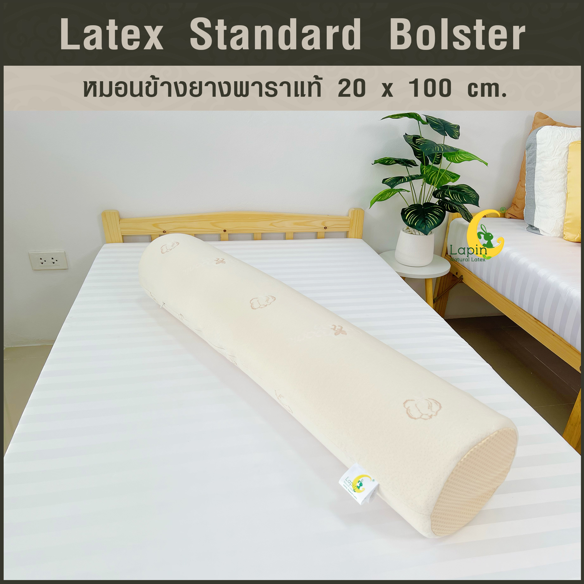 หมอนข้างยางพาราแท้ (ซิบเปิดดูได้) Standard Bolster 20 x 100 cm.ผ่านมาตรฐาน