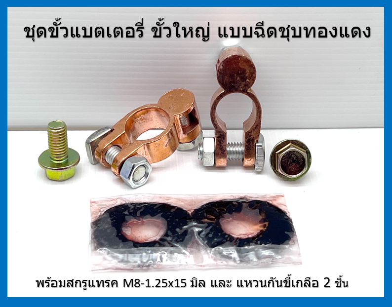 1 ชุด ขั้วแบตเตอรี่ ขั้วใหญ่ แบบฉีดชุบทองแดง พร้อมสกรูแทรค M8-1.25x15 มิล และ แหวนกันขี้เกลือ 2 ชิ้น Injectable battery terminals