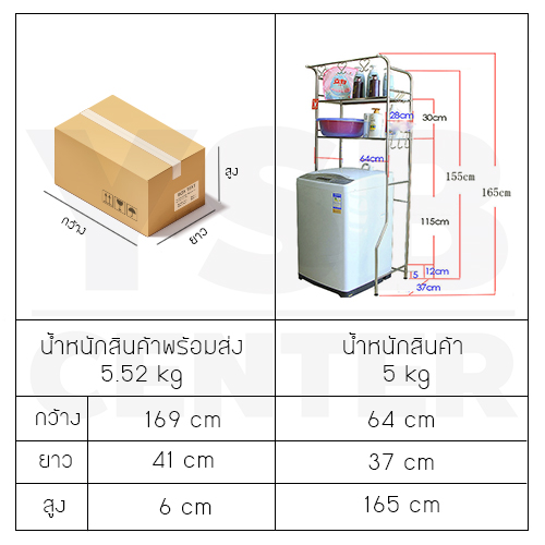 CASSA ชั้นวางของแสตนเลส อเนกประสงค์ 2ชั้น แบบวางบนเครื่องซักผ้า รุ่น CB0013-SS201-HC-02