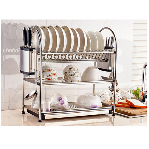 ชั้นวางของในครัว สแตนเลส 304 แบบ 3 ชั้น พร้อมที่เก็บมีด ที่เก็บช้อนส้อมตะเกียบ กว้าง 55 cm. ลึก 27 cm. สูง 57 cm. รุ่น C1L008-SUS304-355S