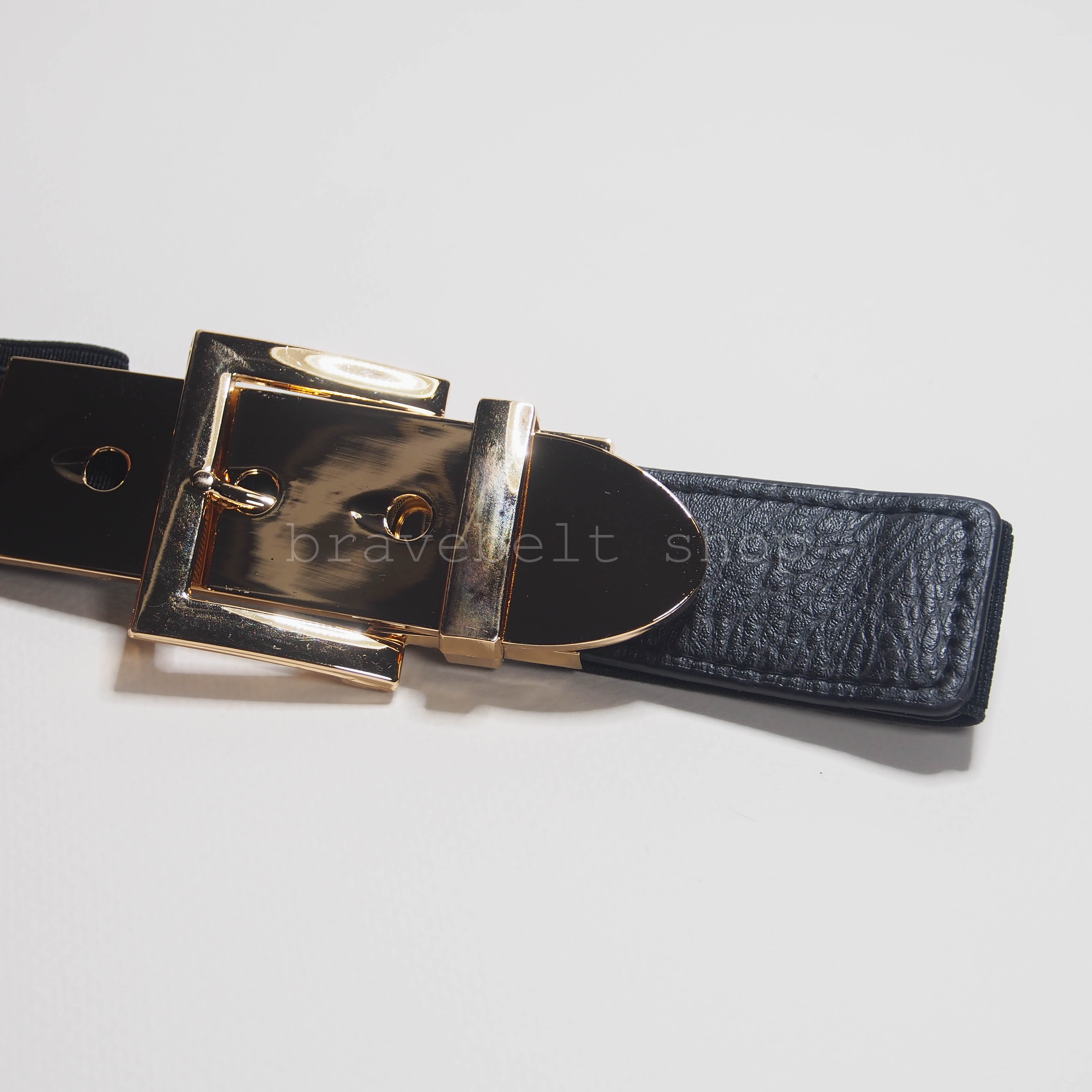 เข็มขัดยางยืดผู้หญิงสีดำ ทรงแฟชั่นสีทองสวยตัดกับหนังสีดำ