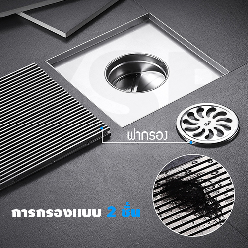 ตะแกรงระบายน้ำ สแตนเลส 304 กันกลิ่น กันแมลง ทรงสี่เหลี่ยมลายเส้นตรง รุ่น CM0022 - CM0029
