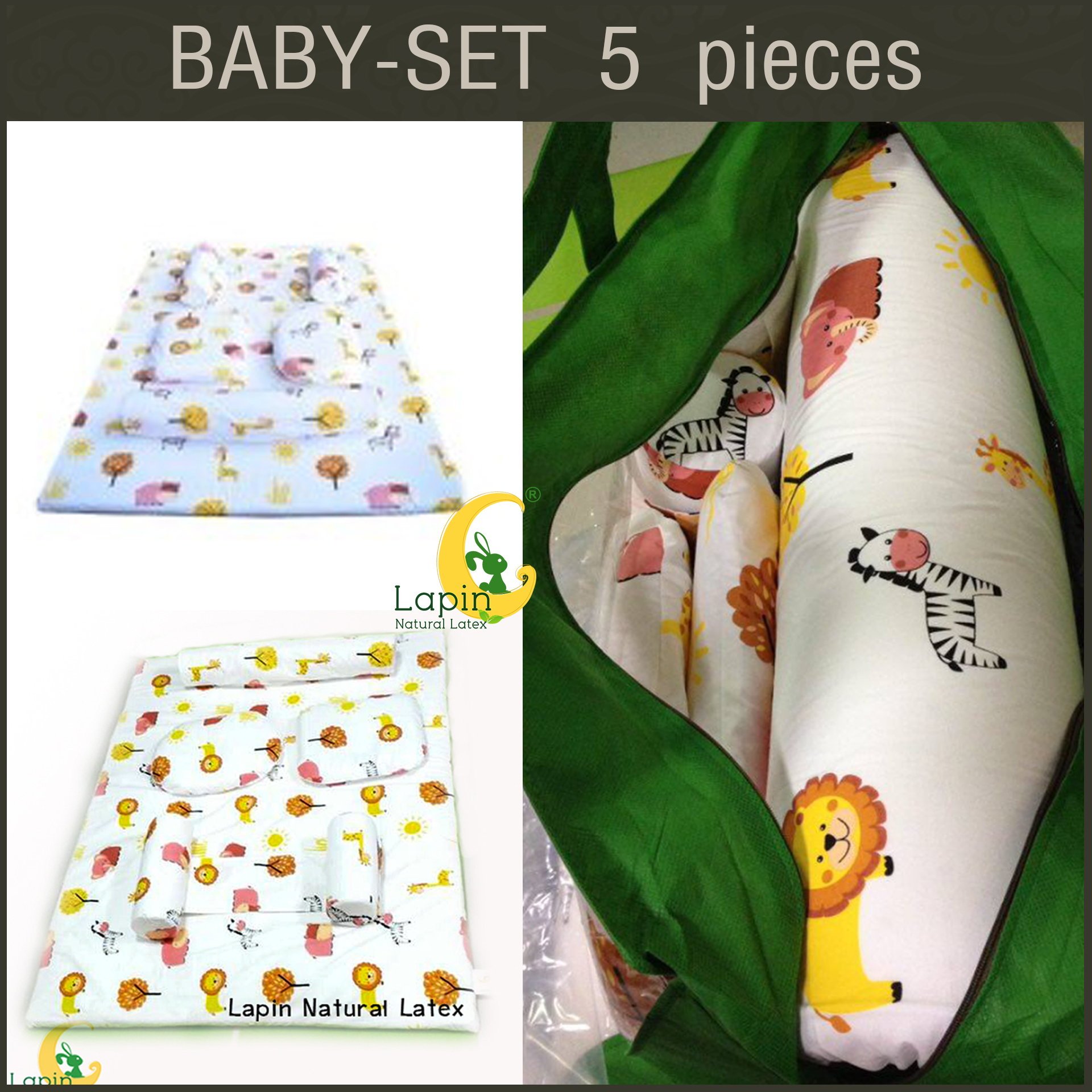 ที่นอนเด็กอ่อนยางพาราแท้ set 5 ชิ้น (ขอบตั้งไม่ได้)(SE1) ลายช้างต้นไม้