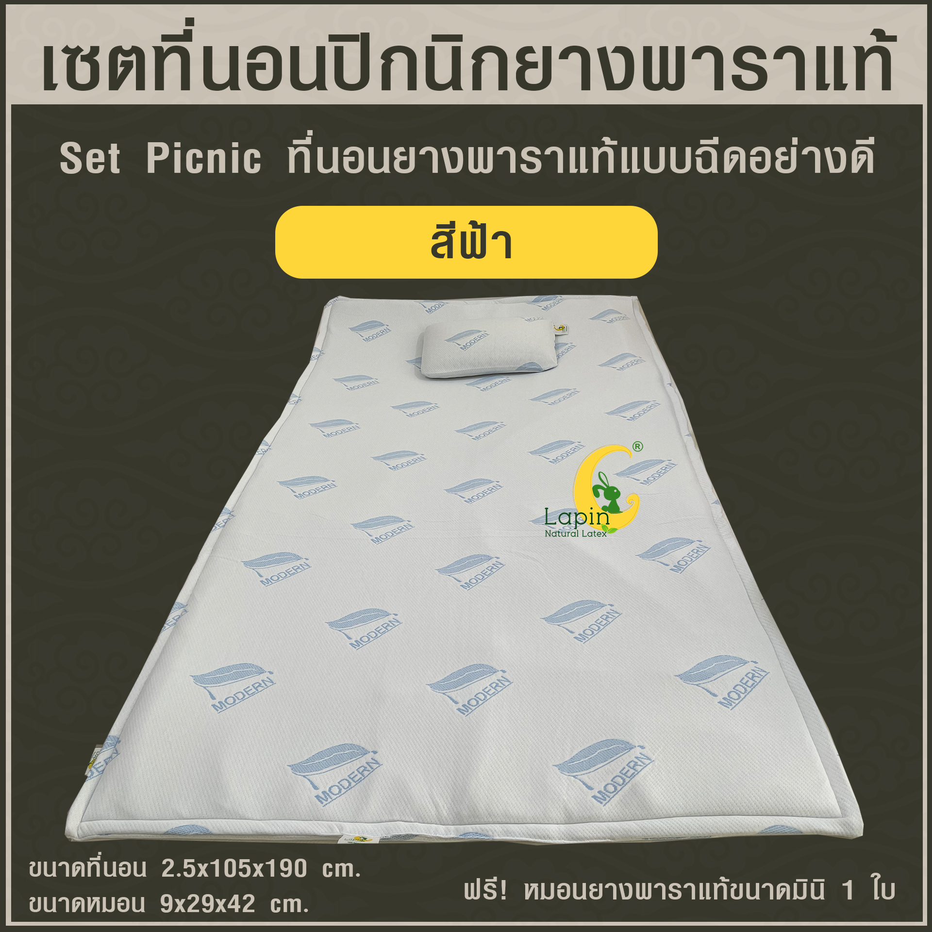 ชุดที่นอนปิกนิกอย่างดี (set picnic) ฟรีหมอนยางพาราแท้ขนาดมินิ 1 ใบ (สีฟ้า)