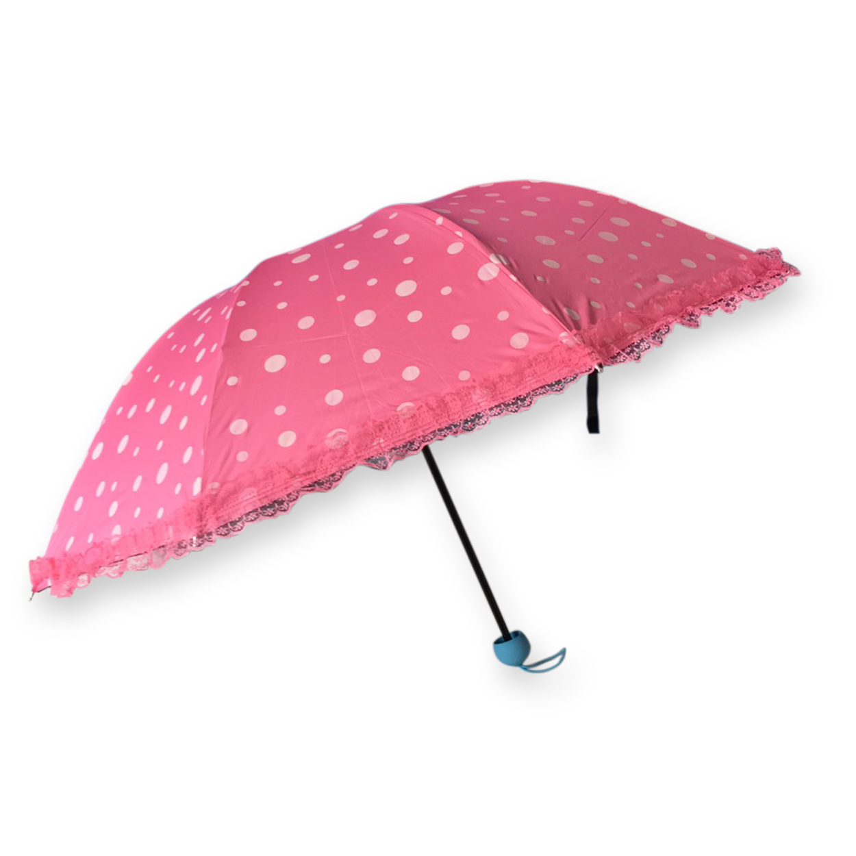 ร่มโค้งแฟชั่นลายจุดโดนแสงเปลียนสีได้ไม้มีระบายยูวีสีดำ