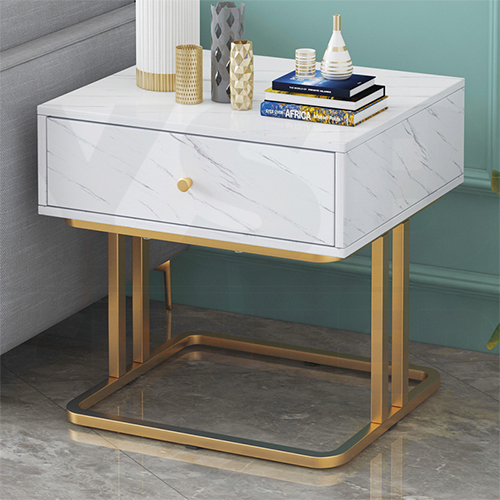 โต๊ะข้างเตียง ตู้ข้างเตียง ชั้นวางของข้างเตียง โต๊ะอเนกประสงค์ เฟอร์นิเจอร์ห้องนอน สีขาวลายหินอ่อนโครงสีทอง