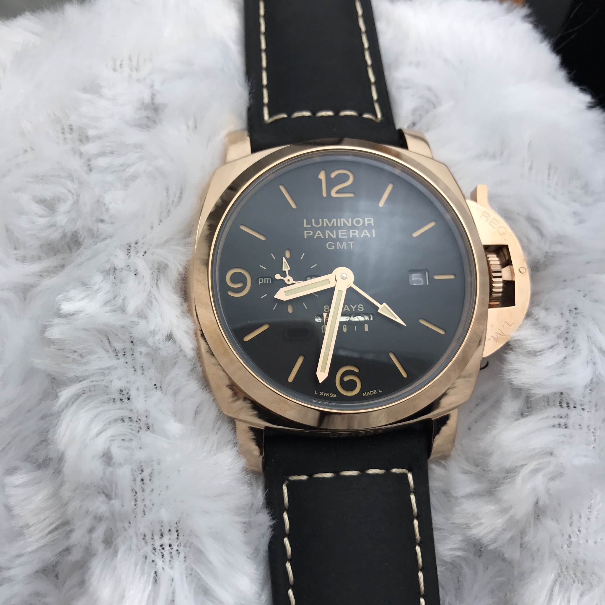นาฬิกา Panerai รุ่น Luminor 1950 Chrono Monopulsante 8 Days GMT Ceramic (Pam 328) สี Pink Gold ดำ