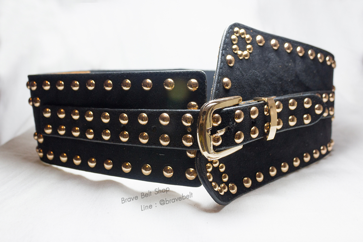 เข็มขัดเอวสูงทรงโอบิสวย หนังสีดำยางยืดหมุดทอง