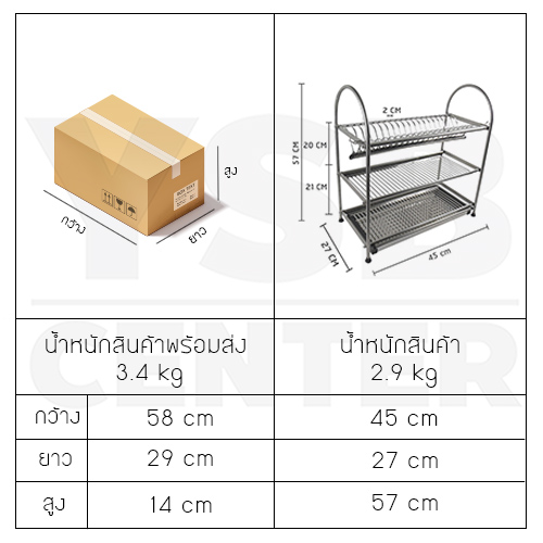 ที่คว่ำจานสแตนเลส304 แบบ 3 ชั้น กว้าง 45 cm. ลึก 27 cm. สูง 57 cm. รุ่น C1L003-SUS304-345