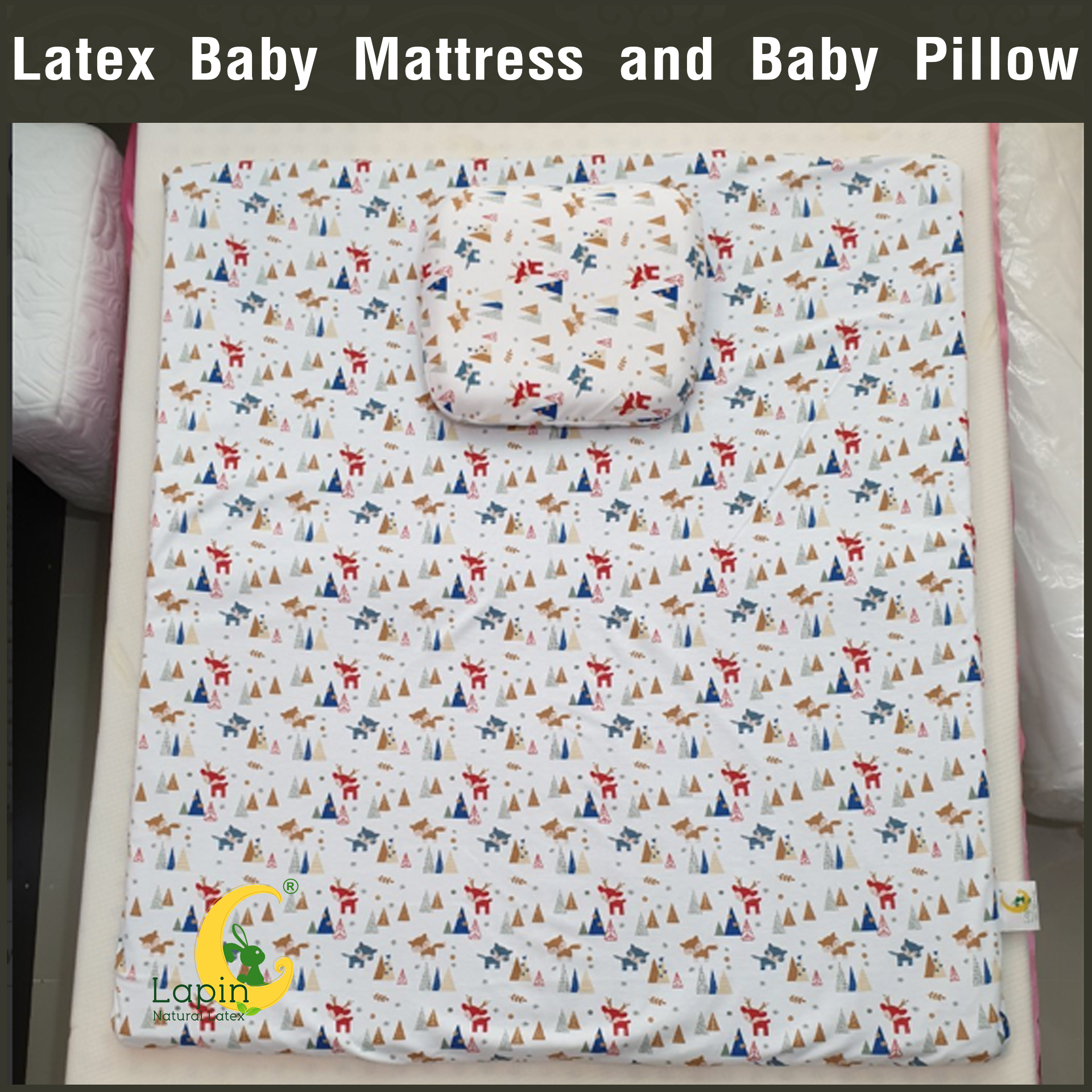ที่นอนเด็กอ่อน+หมอนยางพาราแท้ *ผ่านมาตรฐาน (ลายกวางเรนเดียร์)
