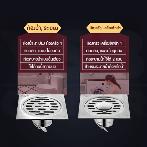 ตะแกรงระบายน้ำ หนา 2 mm สแตนเลส 304 กันกลิ่น กันแมลง สำหรับห้องน้ำ ทรงสี่เหลี่ยมฝากรองแบบ 2ชั้น