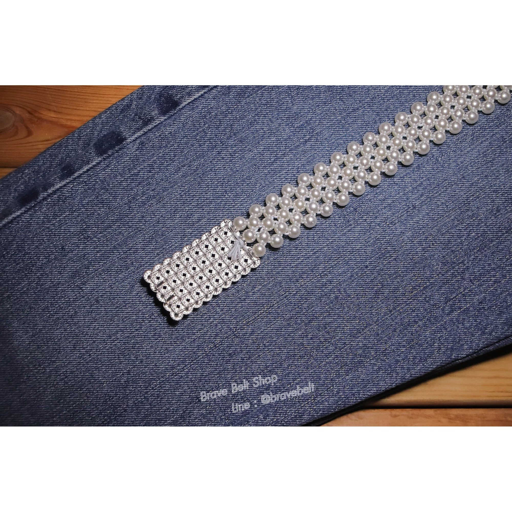 เข็มขัดไข่มุกยางยืดหัวทรงสี่เหลี่ยมสวย ใส่ออกงานได้