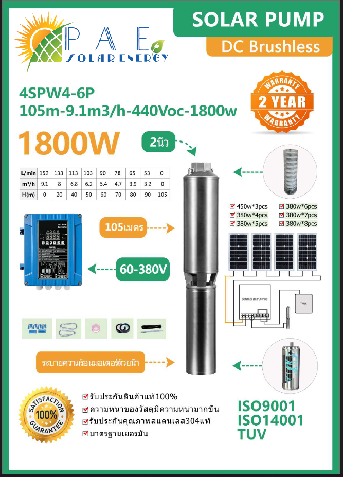 ปั้มบาดาล ซัมเมอร์ส Dc Brushless ขนาด 1800W รุ่น 4SPW4-6P-105m-9.1m3h-440Voc-1800W