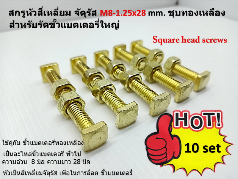 10 ชุด M8-1.25x28 mm.สกรูหัวสี่เหลี่ยม จัตุรัส Square head screws ตัวเมียใช้ปนะแจเบอร์ 13