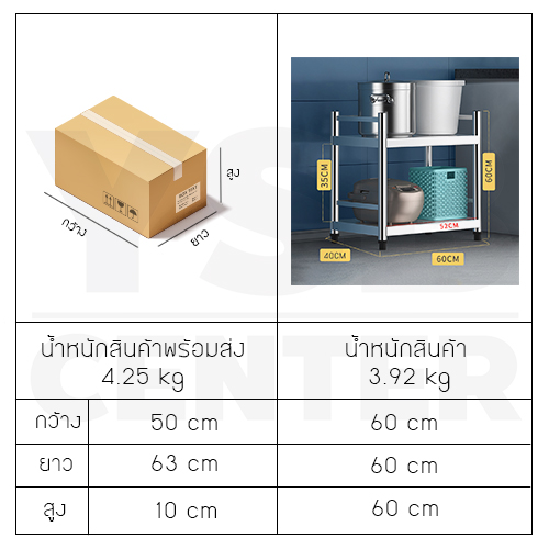 ชั้นวางของสแตนเลส 201 อเนกประสงค์ในครัวเรือน 2 ชั้น ขนาด 60 X 40 X 60 cm รุ่น C2L001-SS201-60X40X60-2L