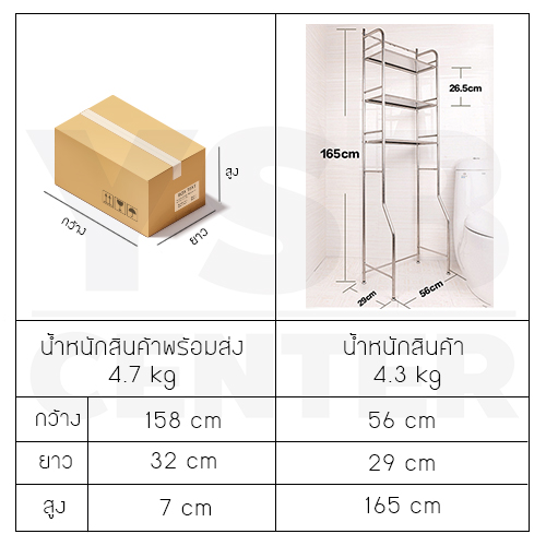 ชั้นวางของแสตนเลส อเนกประสงค์ในห้องน้ำ 3 ชั้น แบบวางบนชักโครก รุ่น CB0012-SS201-HC-019-3
