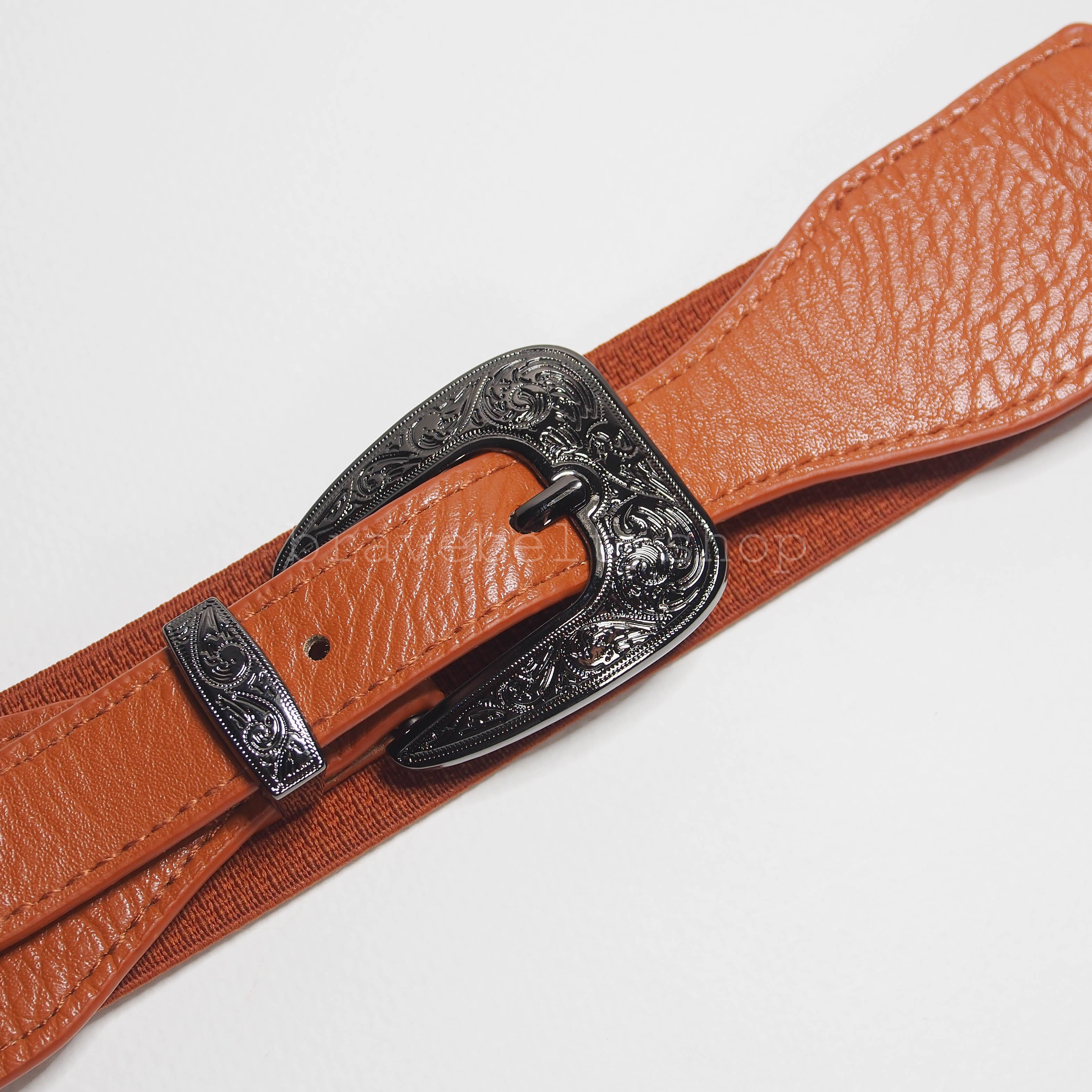 เข็มขัดวินเทจผู้หญิงฟรีไซต์แบบยางยืด เข็มขัดสีน้ำตาลสวยน่าใส่มาก