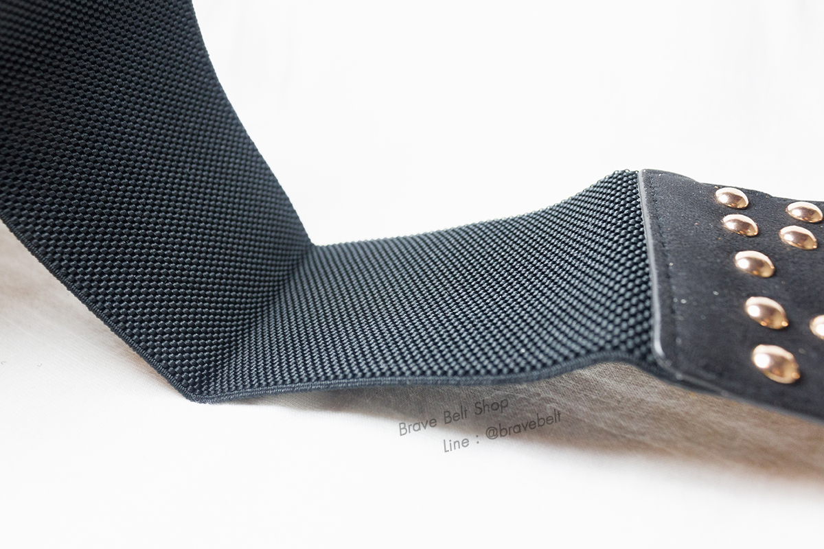 เข็มขัดเอวสูงทรงโอบิสวย หนังสีดำยางยืดหมุดทอง